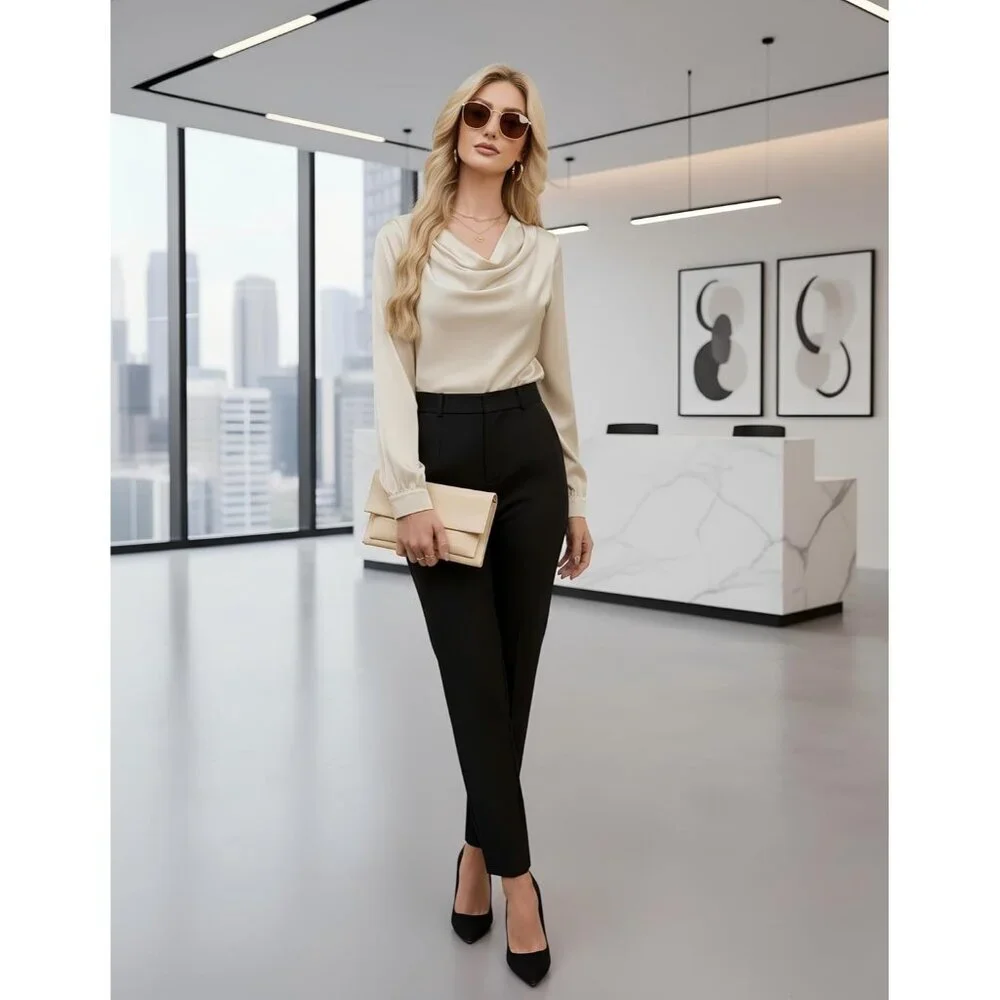 Women's Satin Blouse Cowl Neck Long Sleeve Business Casual Top Apricot - Picture 8 of 8